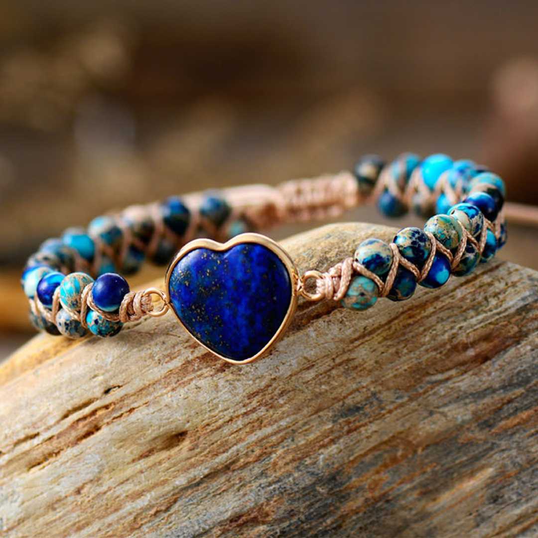 Pulseira Feminina em Pedra Natural Jaspe Coração do Amor - Azul