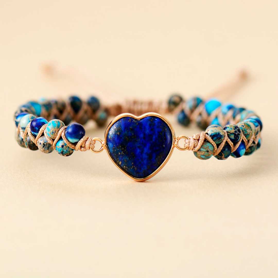 Pulseira Feminina em Pedra Natural Jaspe Coração do Amor - Azul