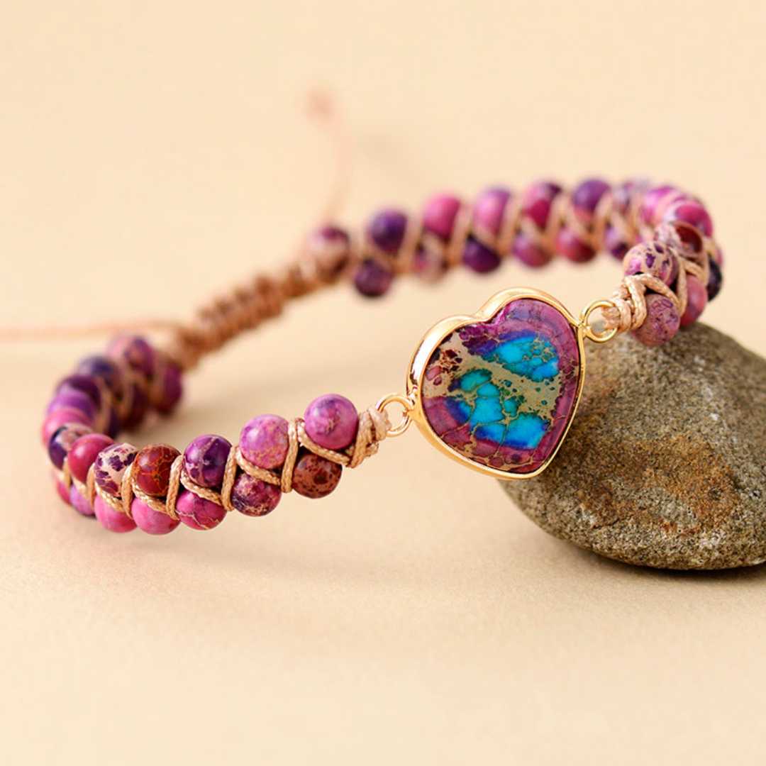 Pulseira Feminina em Pedra Natural Jaspe Coração do Amor - Roxo