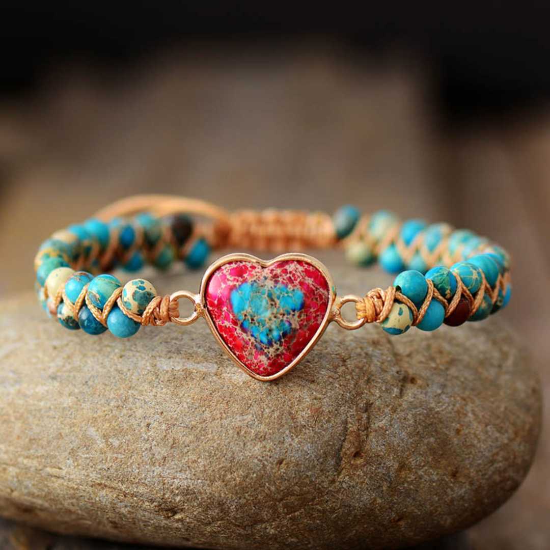 Pulseira Feminina em Pedra Natural Jaspe Coração do Amor - Turquesa