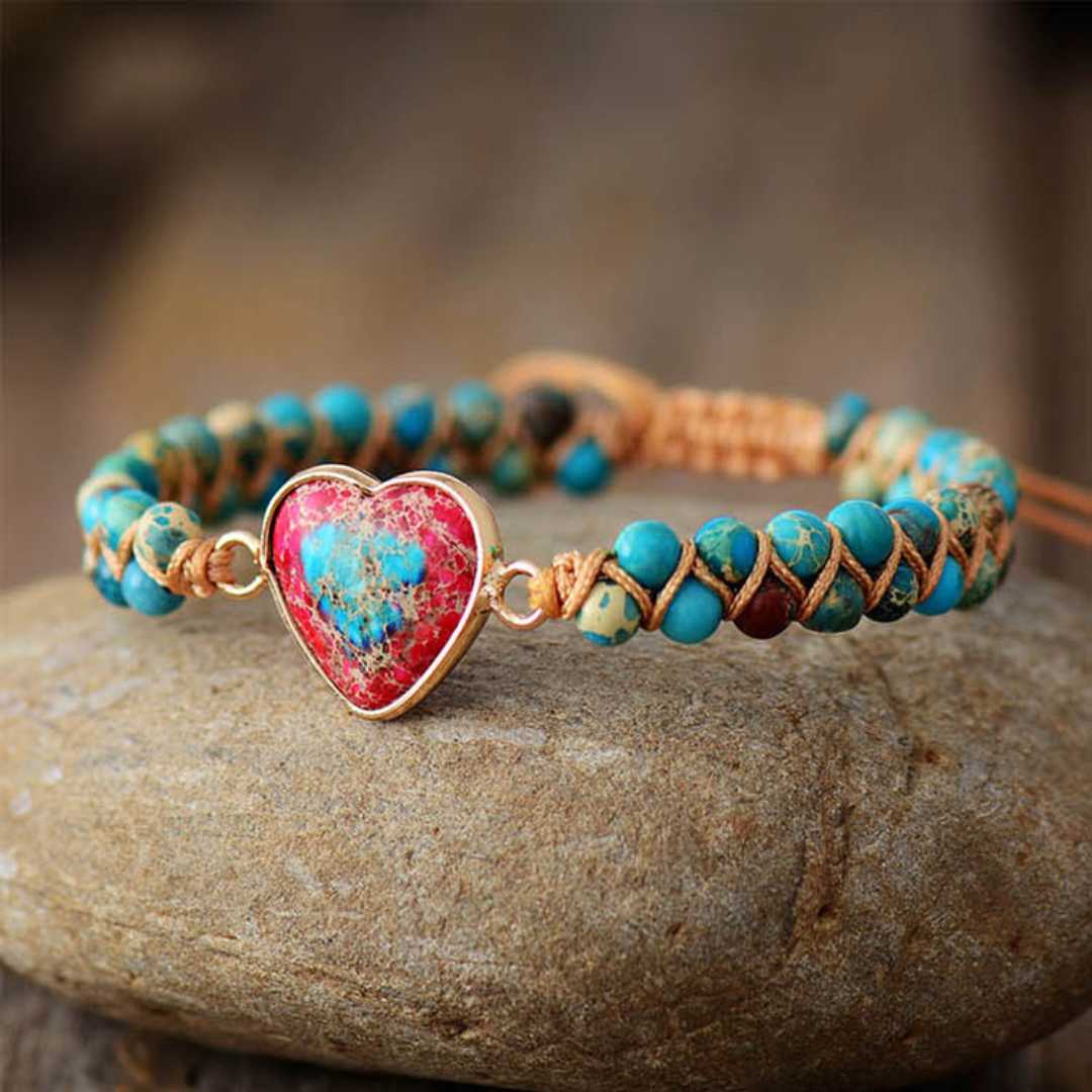 Pulseira Feminina em Pedra Natural Jaspe Coração do Amor - Turquesa