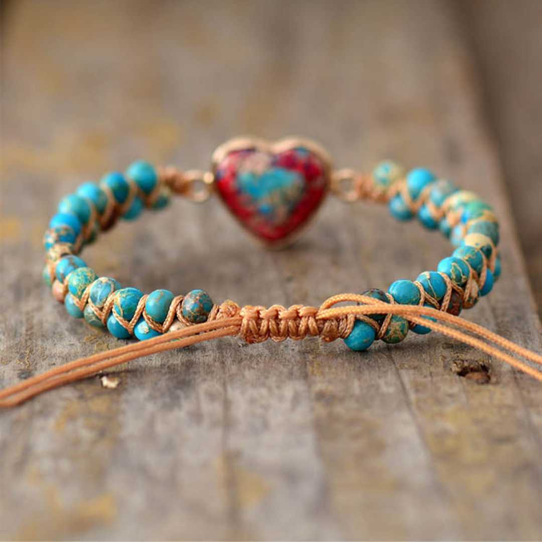 Pulseira Feminina em Pedra Natural Jaspe Coração do Amor - Turquesa