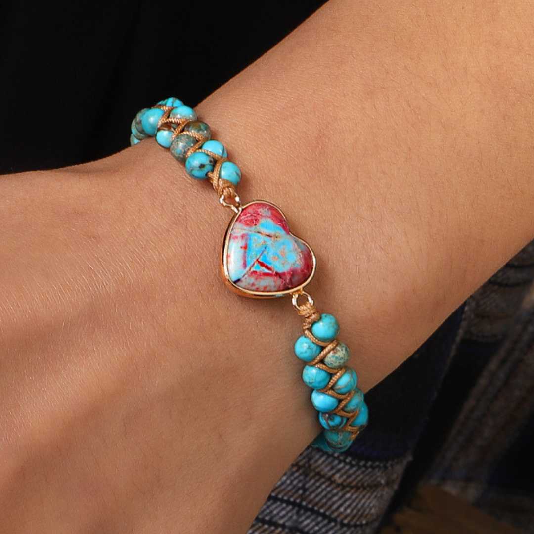 Pulseira Feminina em Pedra Natural Jaspe Coração do Amor - Turquesa