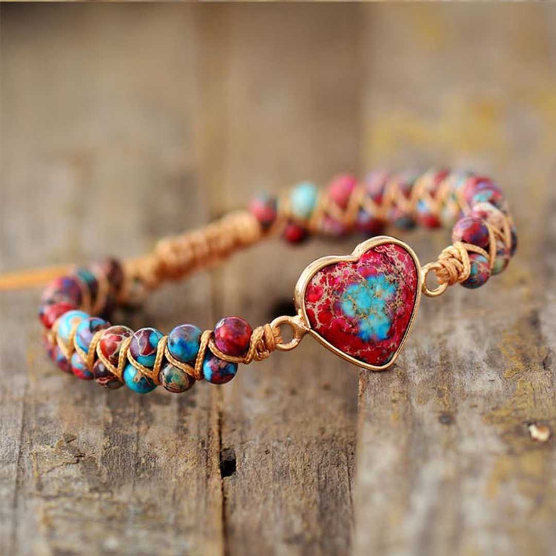 Pulseira Feminina em Pedra Natural Jaspe Coração do Amor - Vermelho