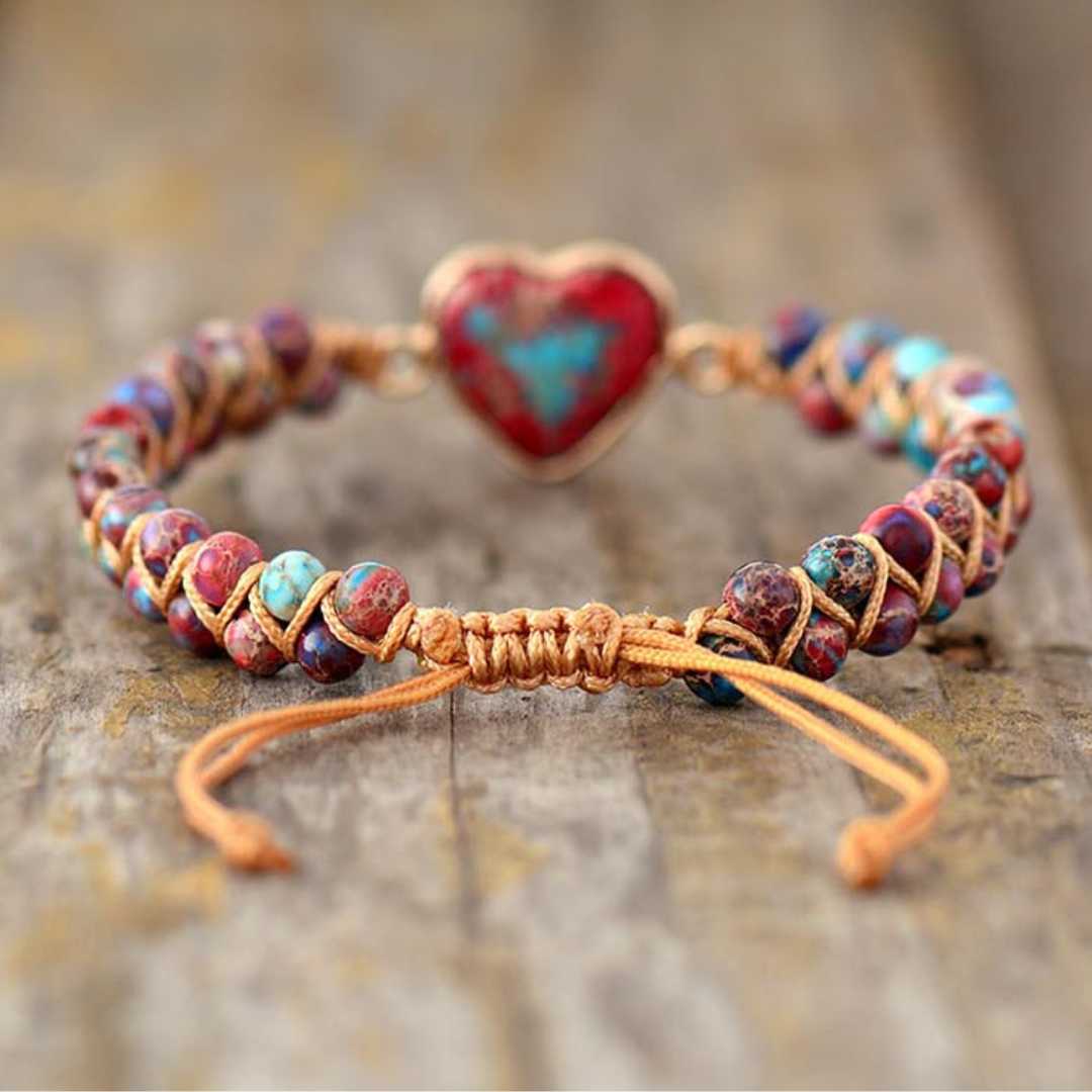 Pulseira Feminina em Pedra Natural Jaspe Coração do Amor - Vermelho